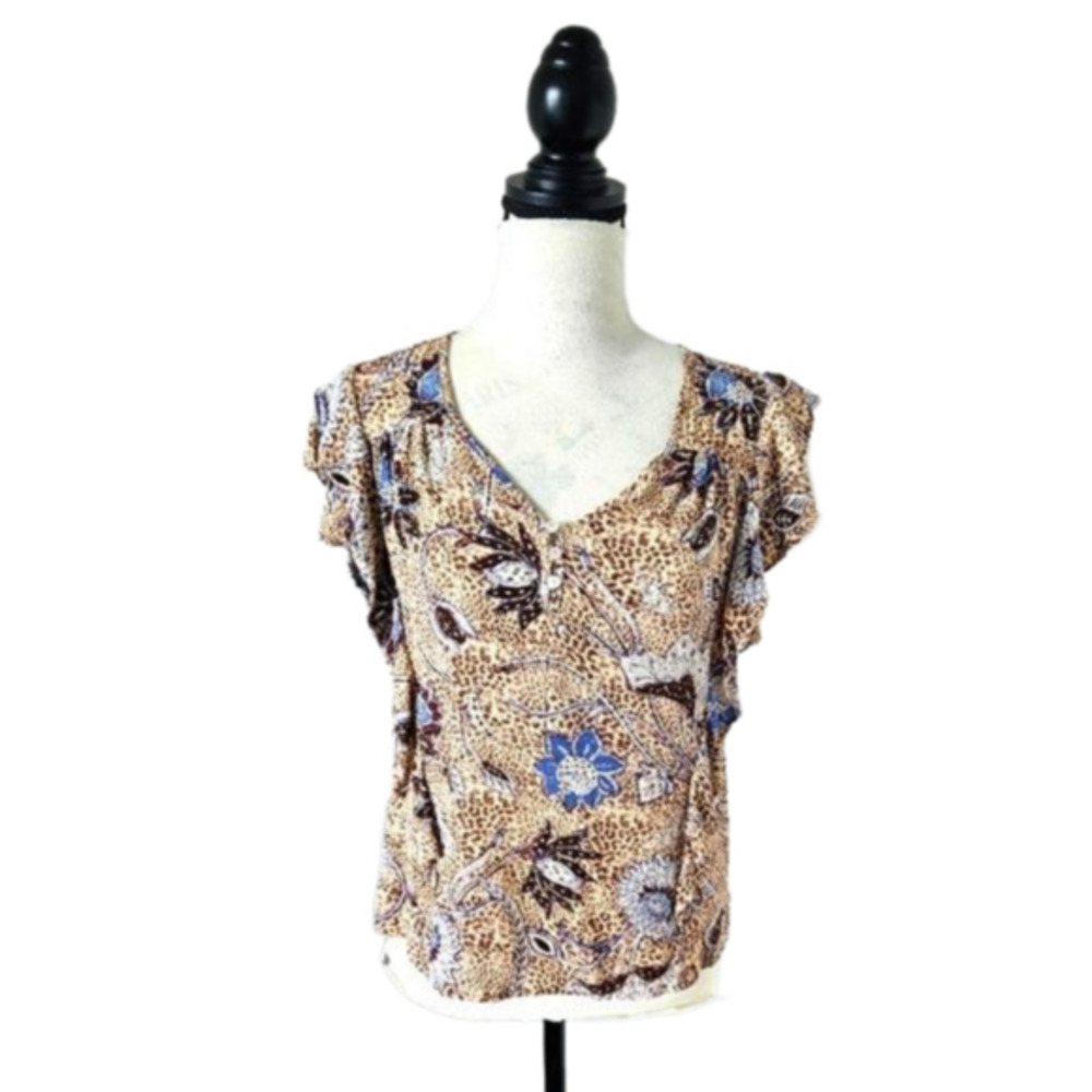 💙Rachel Zoe' blouse blue/ tan ruffles lightweight size small 💙 - Picture 2 of 12
